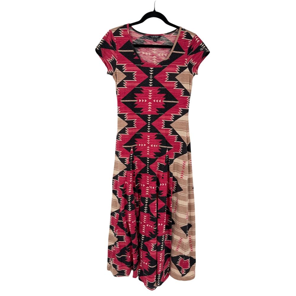 Ralph Lauren Womens M Midi Aztec Dress Short Sleeve Fit Flare Southwestern Beige